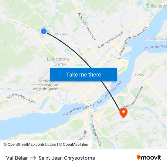 Val-Bélair to Saint-Jean-Chrysostome map
