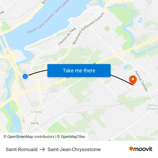 Saint-Romuald to Saint-Jean-Chrysostome map