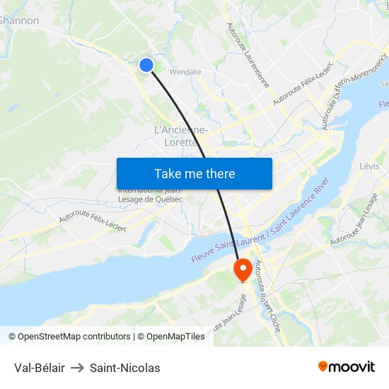 Val-Bélair to Saint-Nicolas map