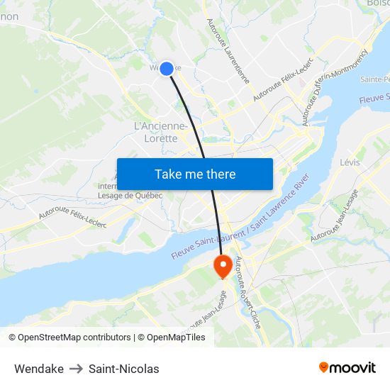 Wendake to Saint-Nicolas map