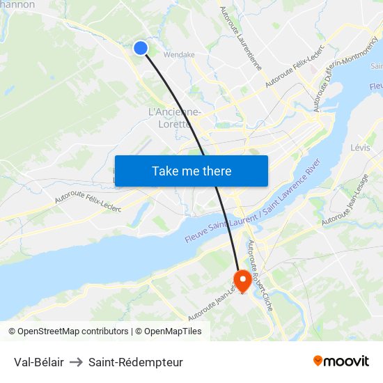 Val-Bélair to Saint-Rédempteur map