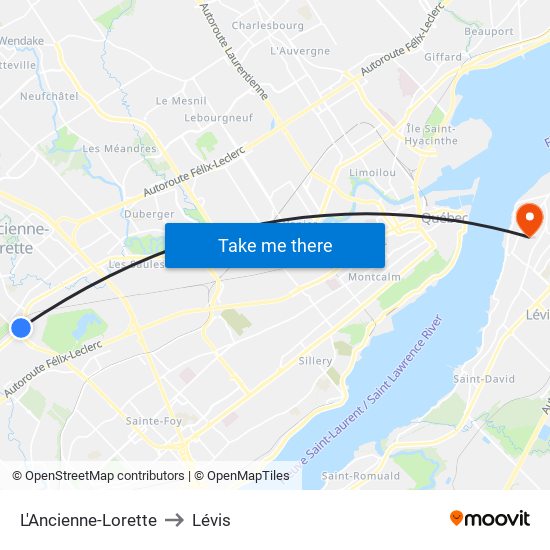 L'Ancienne-Lorette to Lévis map