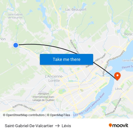 Saint-Gabriel-De-Valcartier to Lévis map