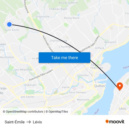 Saint-Émile to Lévis map