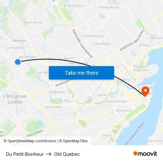 Du Petit-Bonheur to Old Quebec map