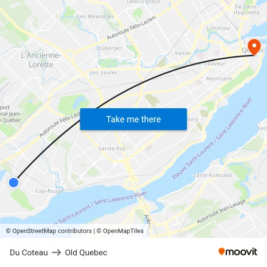 Du Coteau to Old Quebec map