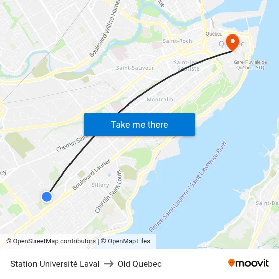 Station Université Laval to Old Quebec map