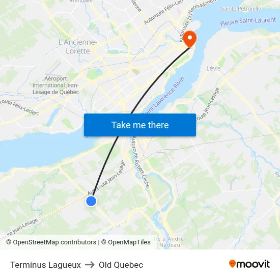 Terminus Lagueux to Old Quebec map