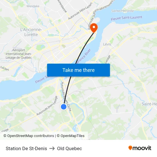 Station De St-Denis to Old Quebec map