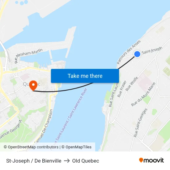 St-Joseph / De Bienville to Old Quebec map