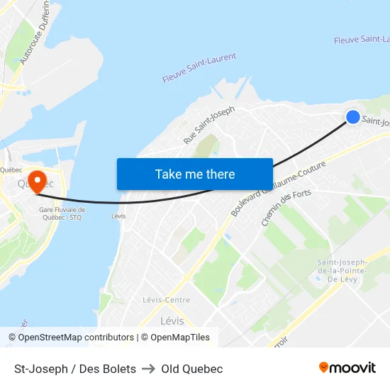 St-Joseph / Des Bolets to Old Quebec map