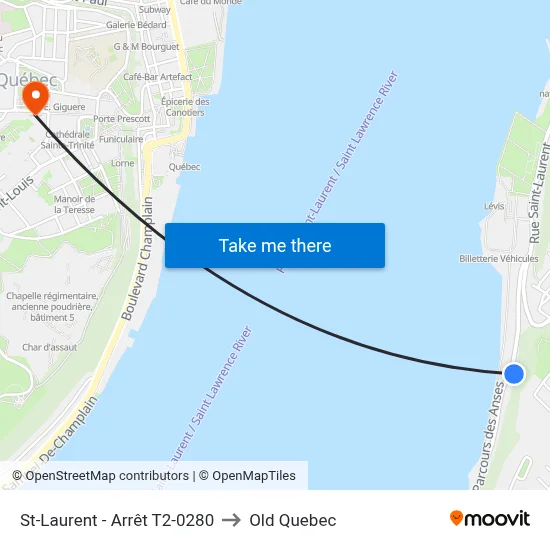 St-Laurent - Arrêt T2-0280 to Old Quebec map