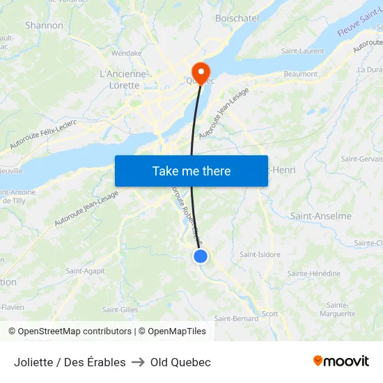 Joliette / Des Érables to Old Quebec map