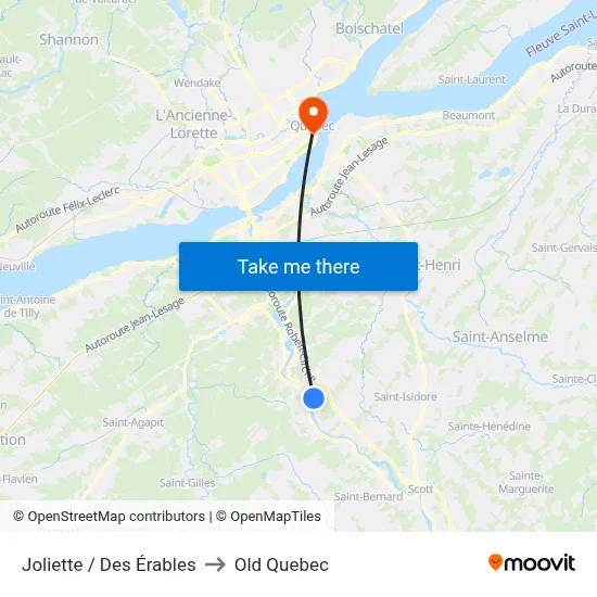 Joliette / Des Érables to Old Quebec map