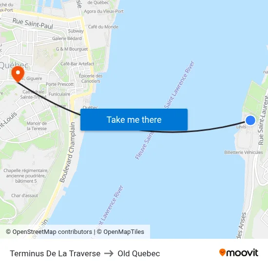 Terminus De La Traverse to Old Quebec map
