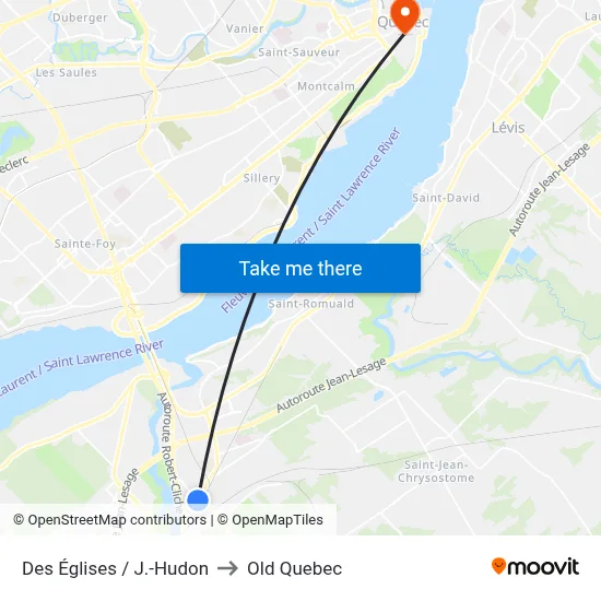 Des Églises / J.-Hudon to Old Quebec map