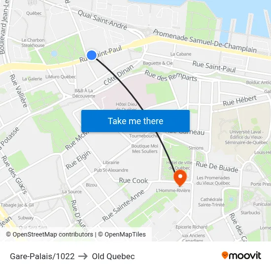 Gare-Palais/1022 to Old Quebec map