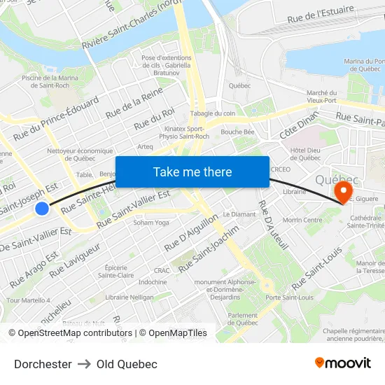 Dorchester to Old Quebec map