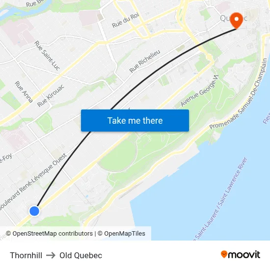 Thornhill to Old Quebec map