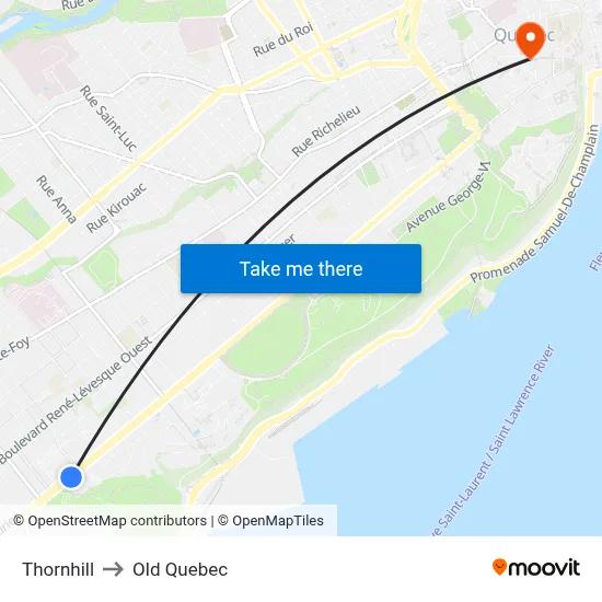 Thornhill to Old Quebec map