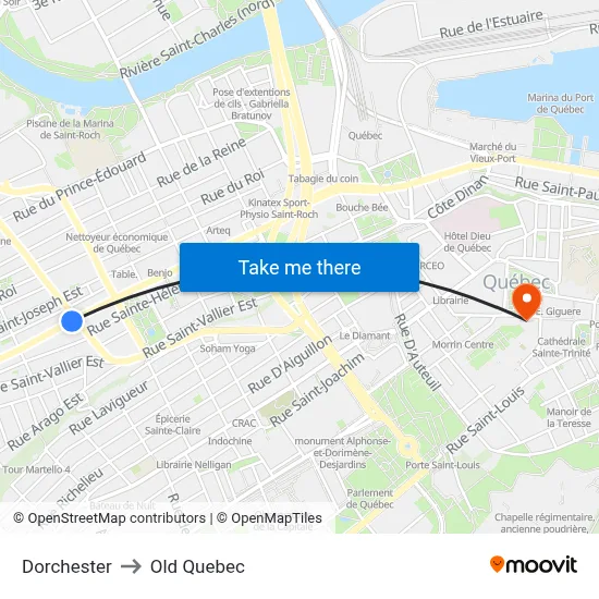 Dorchester to Old Quebec map