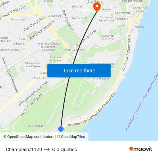 Champlain/1120 to Old Quebec map
