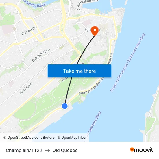 Champlain/1122 to Old Quebec map
