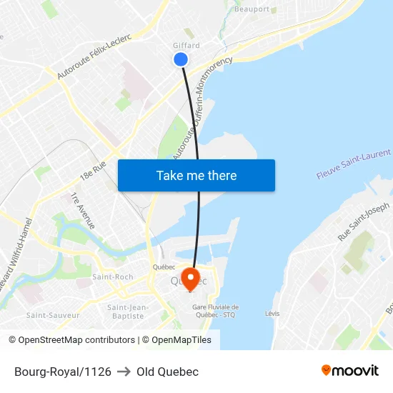 Bourg-Royal/1126 to Old Quebec map