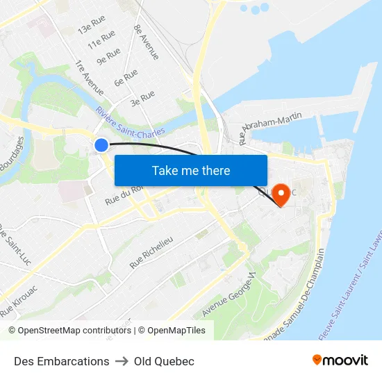 Des Embarcations to Old Quebec map
