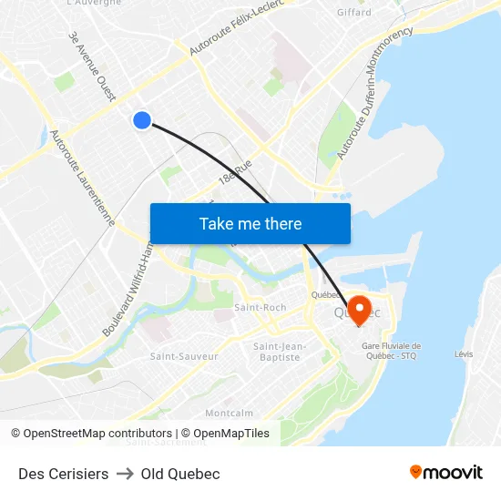 Des Cerisiers to Old Quebec map