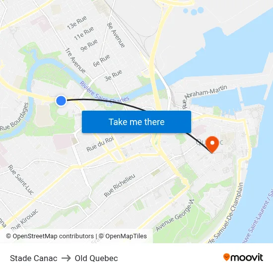 Stade Canac to Old Quebec map