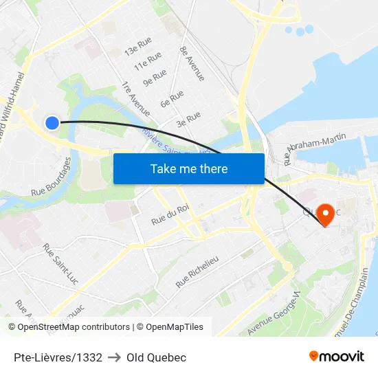 Pte-Lièvres/1332 to Old Quebec map
