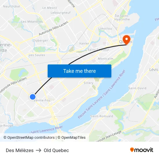 Des Mélèzes to Old Quebec map