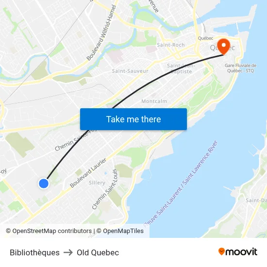 Bibliothèques to Old Quebec map