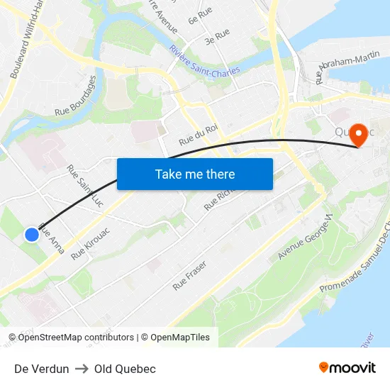 De Verdun to Old Quebec map