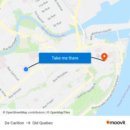 De Carillon to Old Quebec map