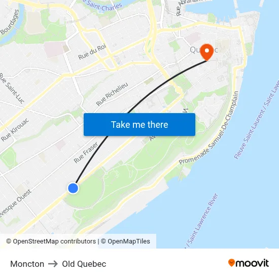 Moncton to Old Quebec map