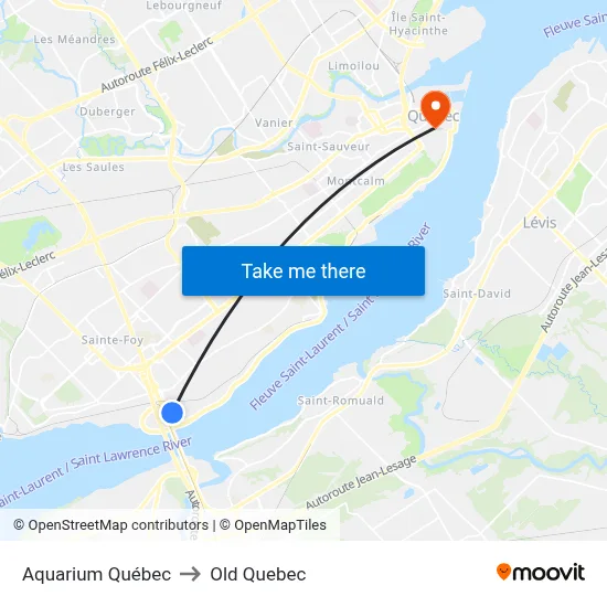 Aquarium Québec to Old Quebec map
