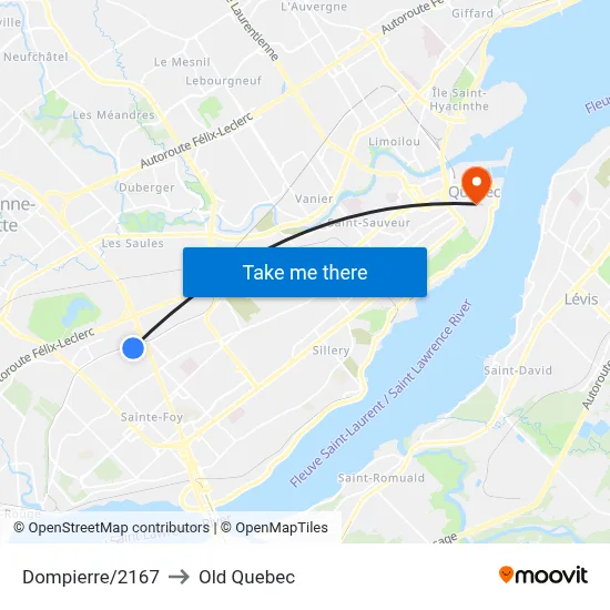 Dompierre/2167 to Old Quebec map