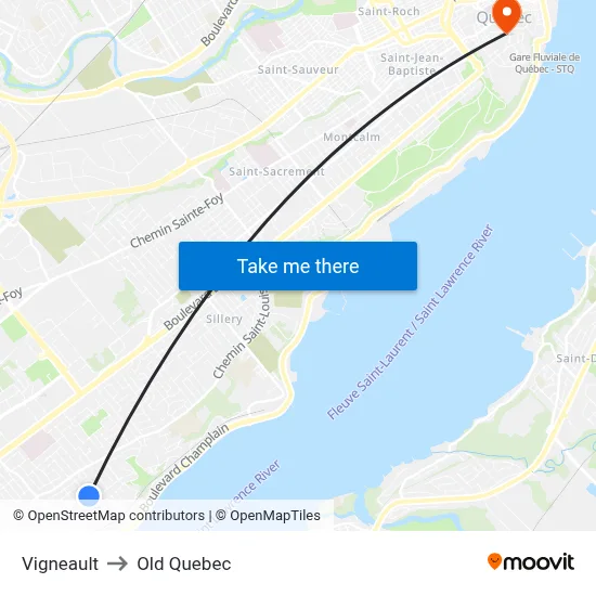 Vigneault to Old Quebec map