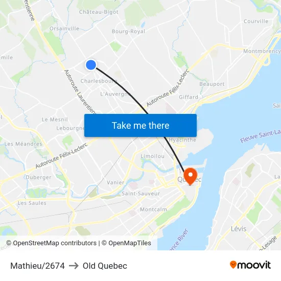 Mathieu/2674 to Old Quebec map