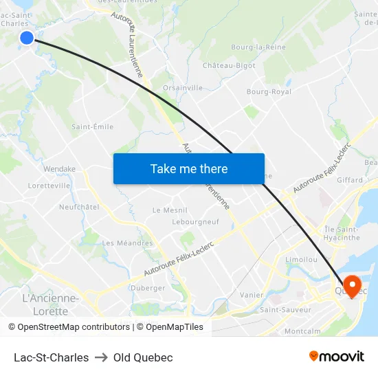 Lac-St-Charles to Old Quebec map