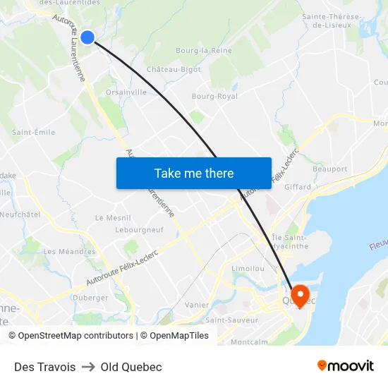 Des Travois to Old Quebec map