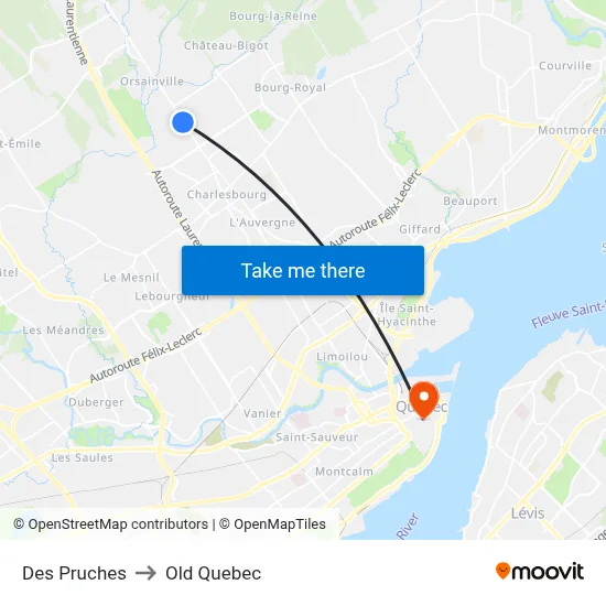 Des Pruches to Old Quebec map