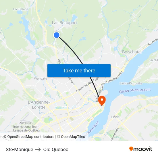 Ste-Monique to Old Quebec map