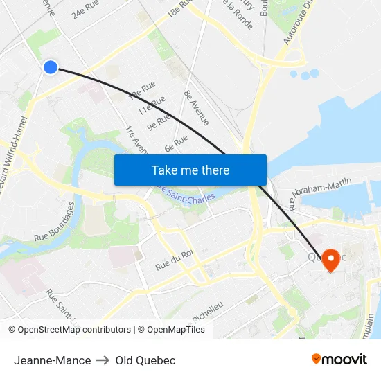 Jeanne-Mance to Old Quebec map