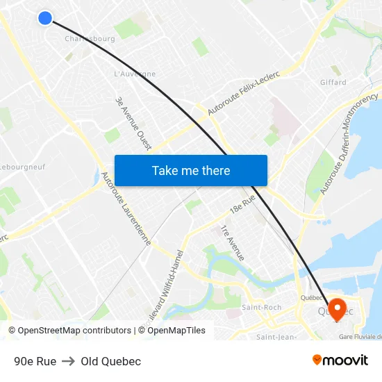 90e Rue to Old Quebec map