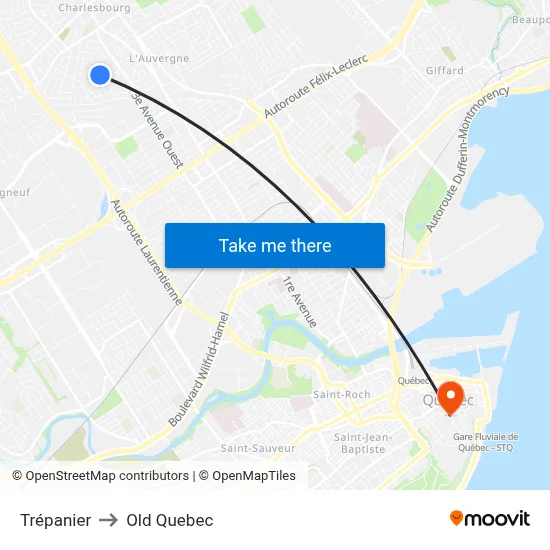 Trépanier to Old Quebec map