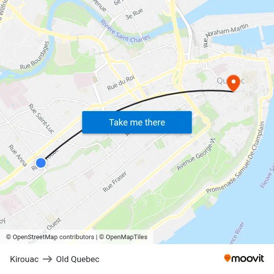 Kirouac to Old Quebec map