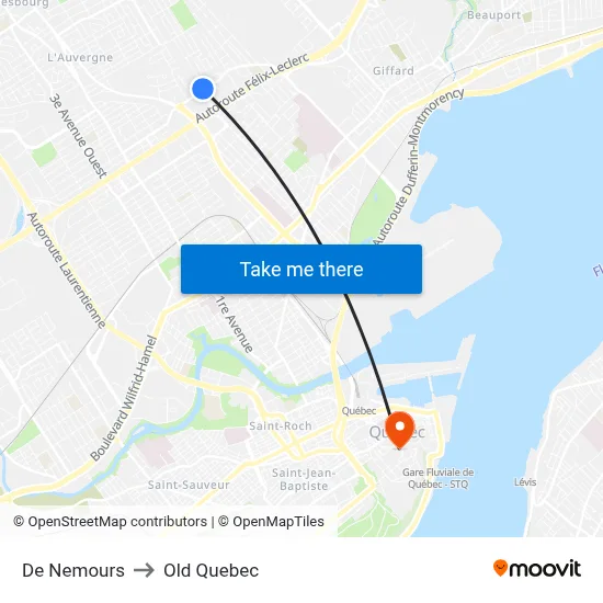 De Nemours to Old Quebec map